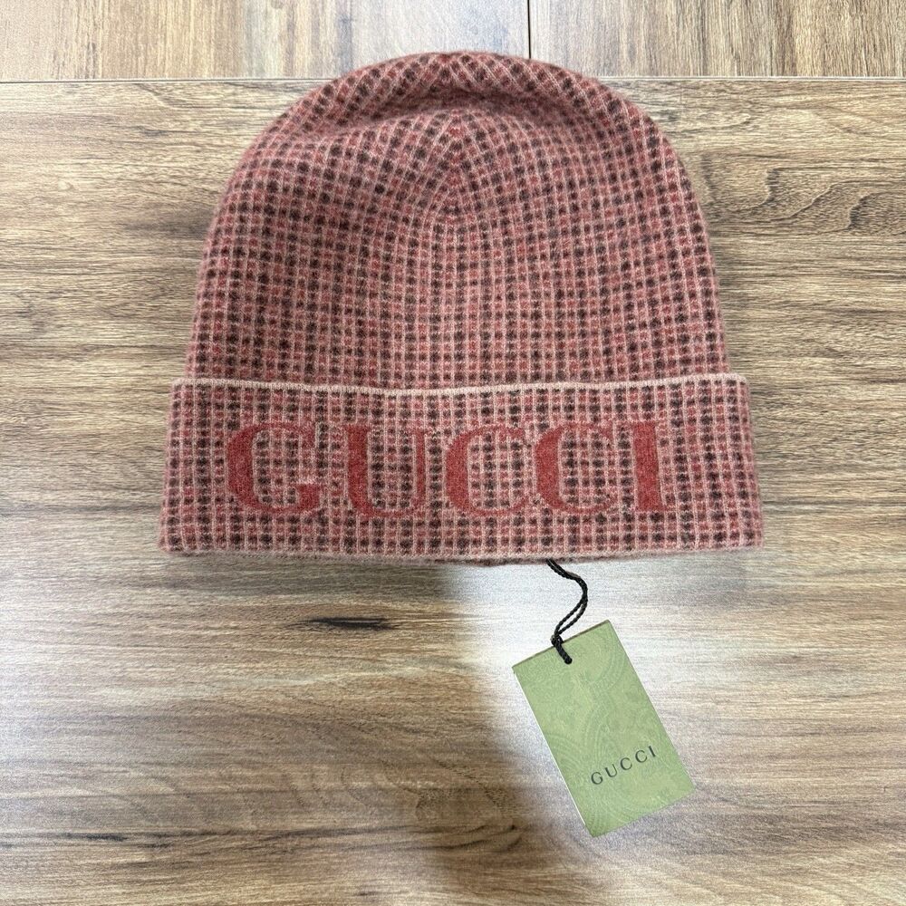 Gucci Red Brown Wool Checkered Cozy Soft Beanie Hat Made In Italy With Box